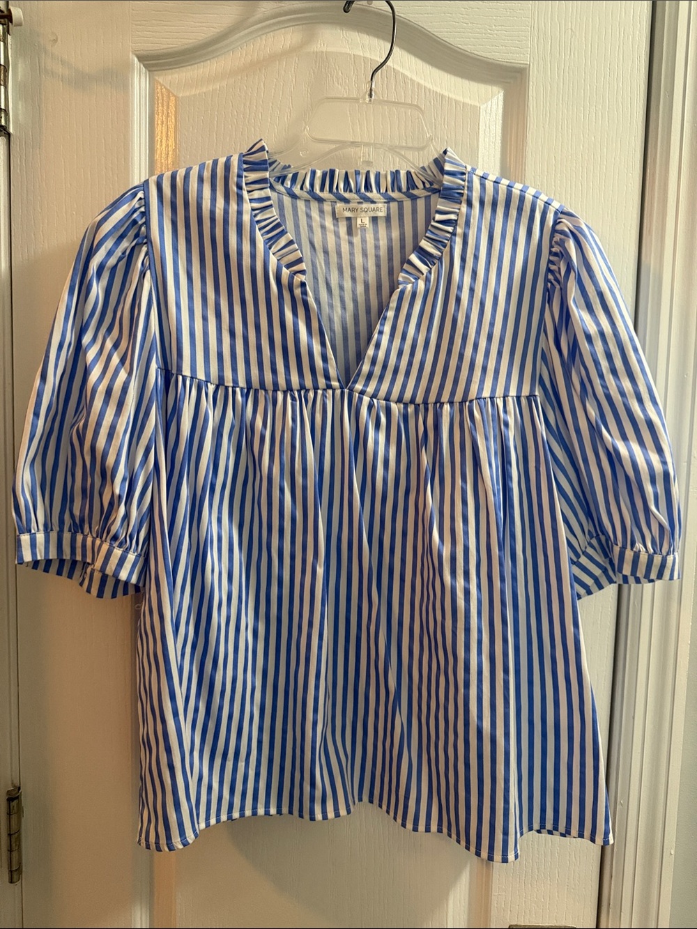 Striped Blue & White V-Neck Puff Sleeve Blouse by Mary Square